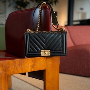 Chanel Old Medium Chevron Boy Bag with Aged GHW